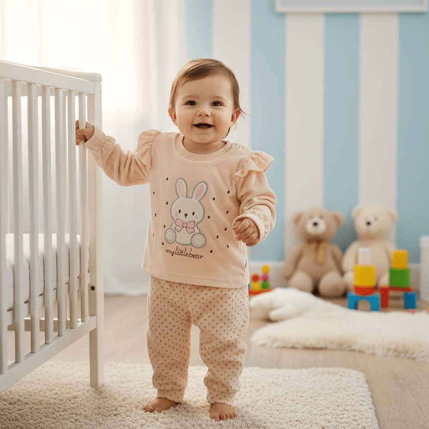 بلوز شلوار مخمل دخترانه بی بی سان کد 3009 در سه رنگ صورتی، کرم و سبز پسته ای