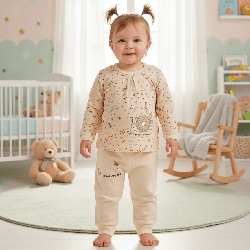 بلوز شلوار بی بی سان طرح برگ ست راحتی نوزادی با پارچه پنبه دورو