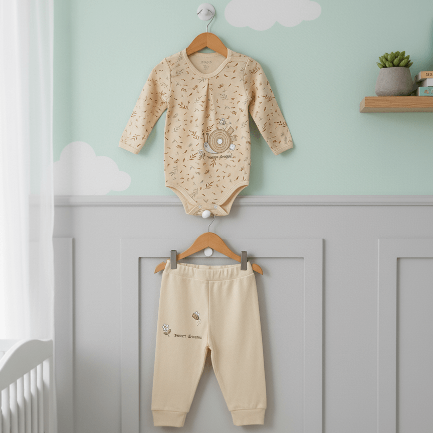 زیردکمه بلند با شلوار نوزادی بی بی سان طرح برگ با پارچه پنبه دورو